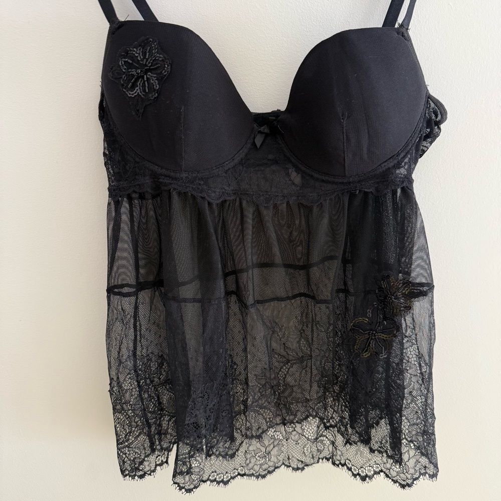 VICTORIA’S SECRET Teddy Lingerie Sz 36B Black lace & beaded Sexy Little Things